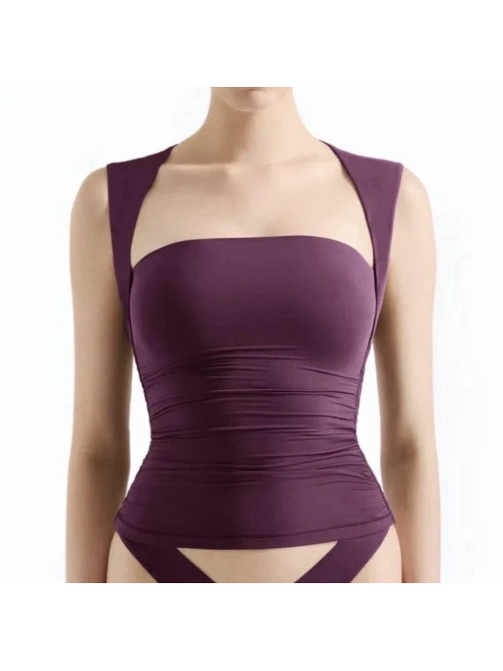 Ruched Plum Tankini Top with Wide Strap Detail